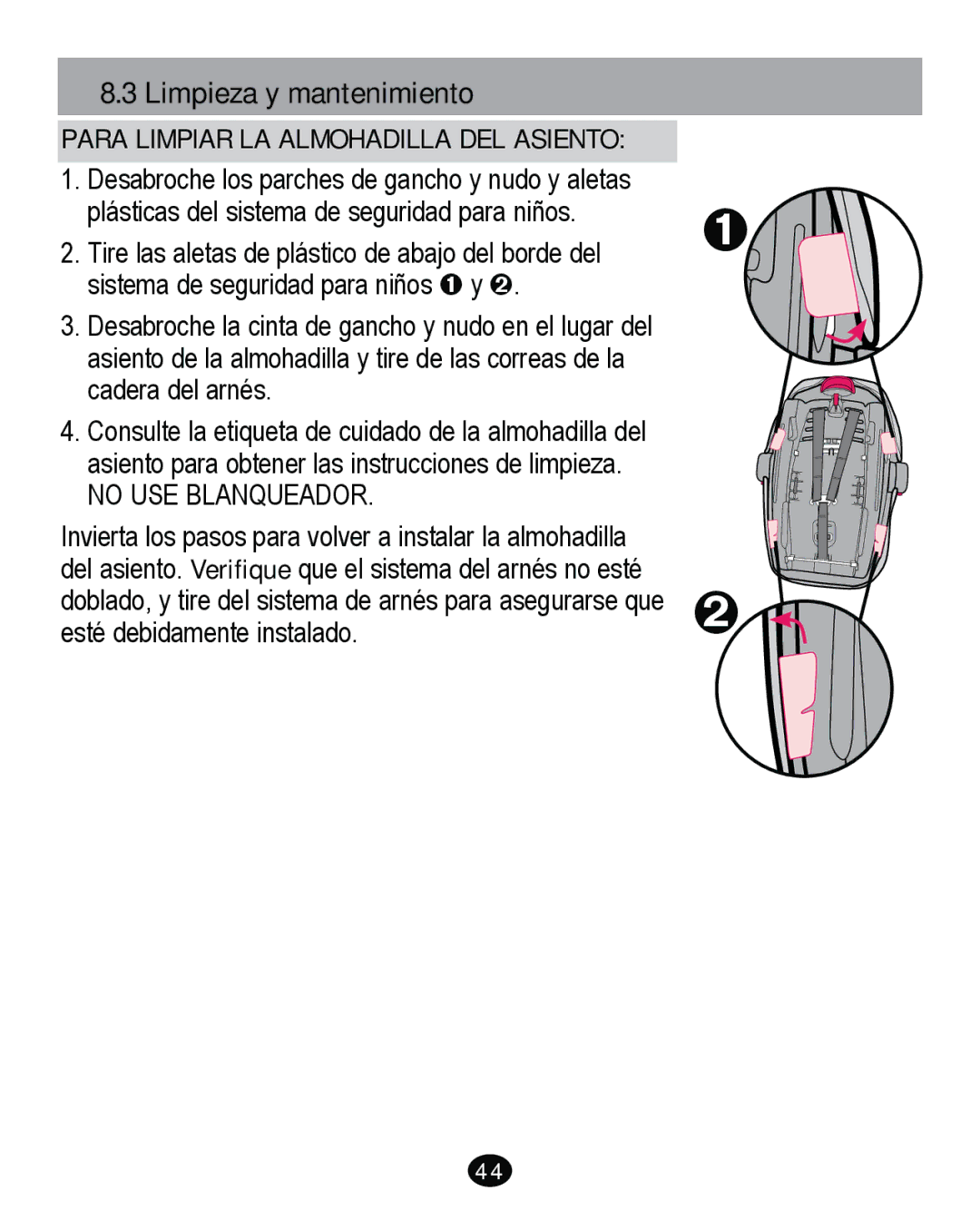 Graco PD261465A 10/13 US manual Limpieza y mantenimiento, Para Limpiar LA Almohadilla DEL Asiento 