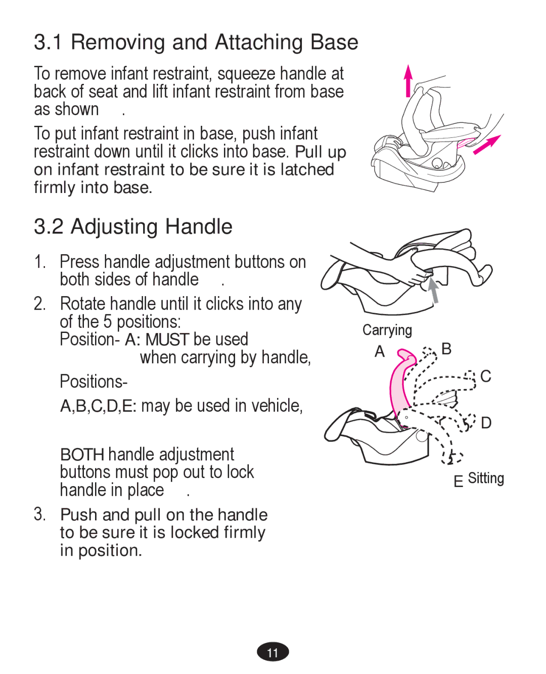 Graco PD261467A owner manual Removing and Attaching Base, Adjusting Handle 