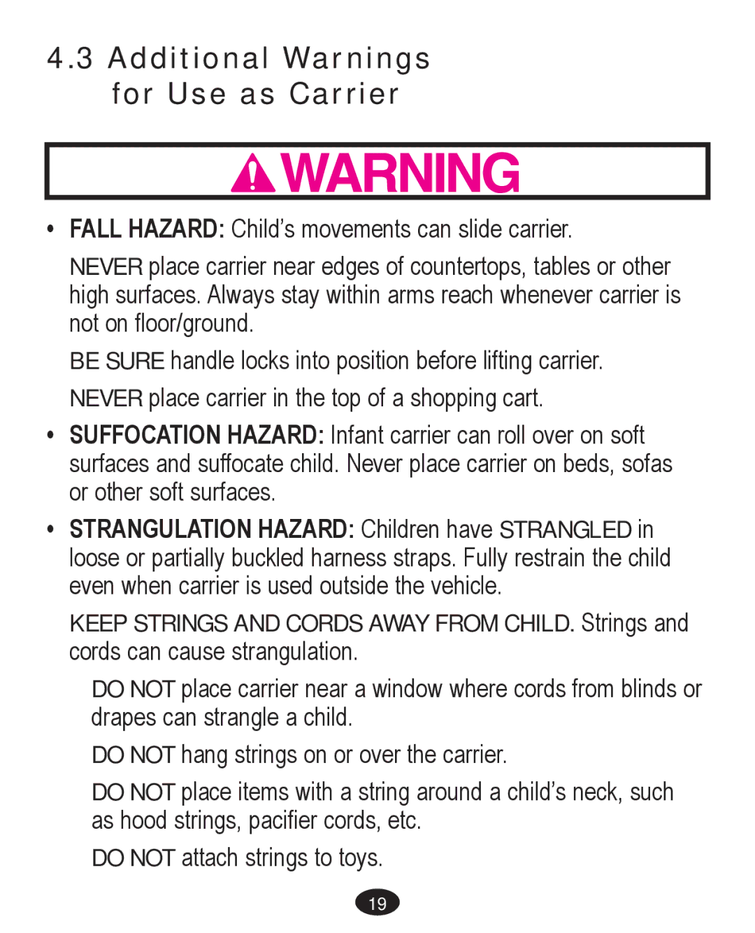 Graco PD261467A owner manual Additional Warnings for Use as Carrier 