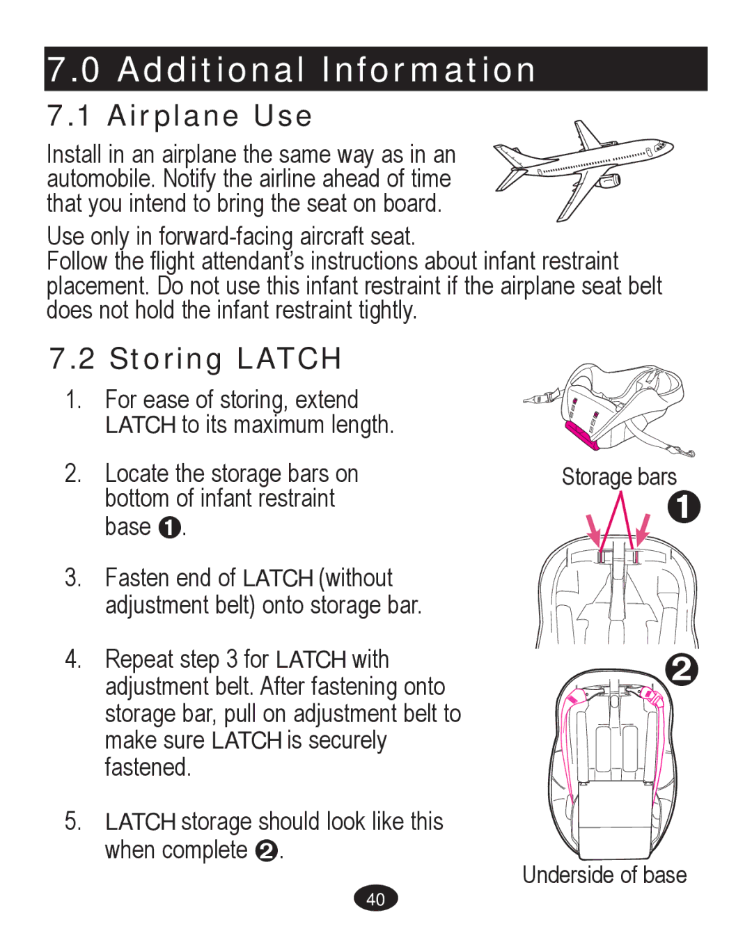 Graco PD261467A owner manual Additional Information, Airplane Use, Storing Latch 