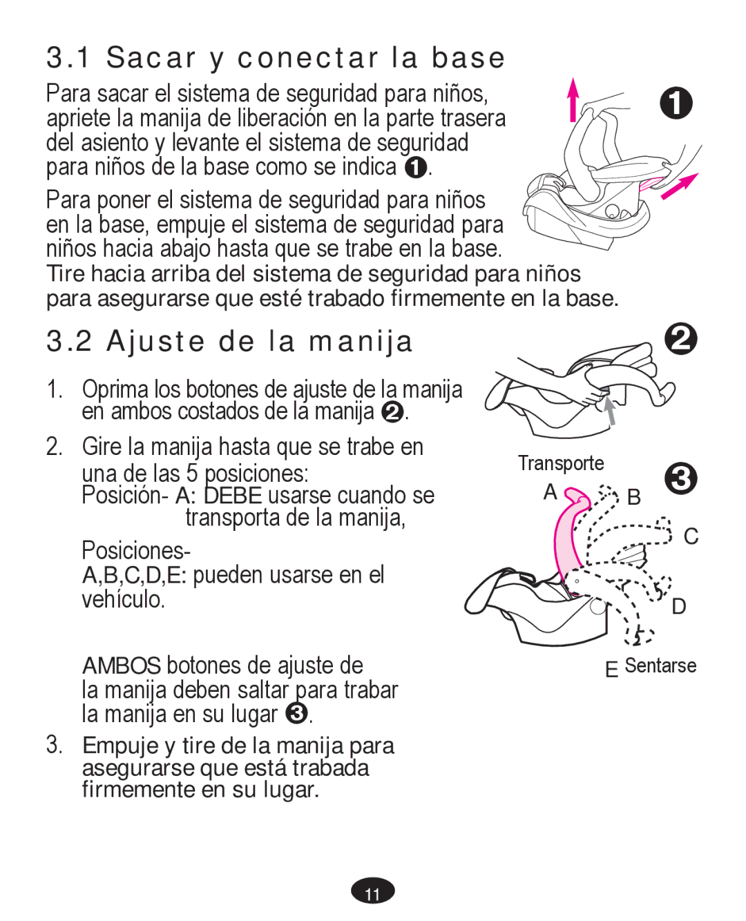 Graco PD261467A owner manual Sacar y conectar la base, Ajuste de la manija 