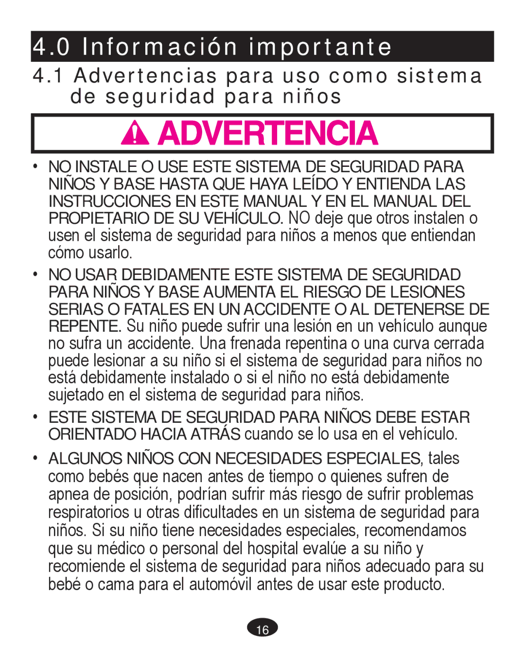 Graco PD261467A owner manual Información importante, Advertencias para uso como sistema de seguridad para niños 