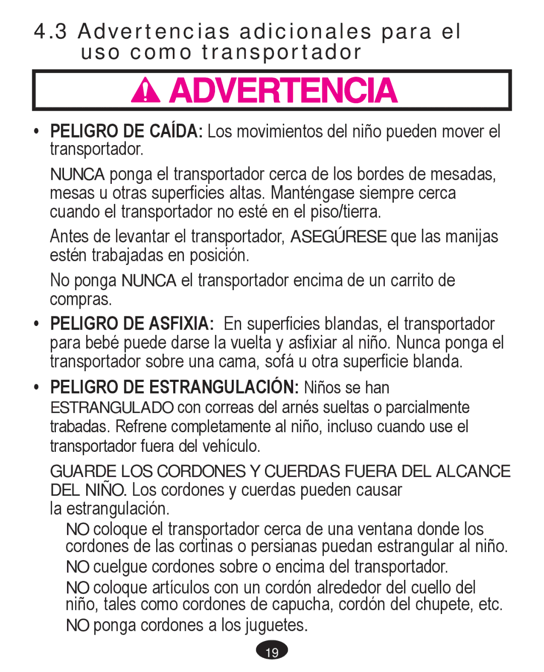 Graco PD261467A owner manual Advertencias adicionales para el uso como transportador 