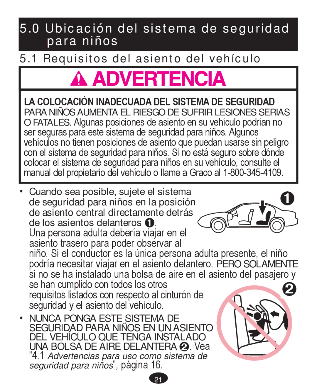 Graco PD261467A owner manual Ubicación del sistema de seguridad para niños 