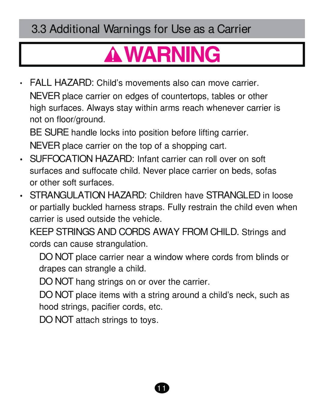 Graco PD261471A manual Additional Warnings for Use as a Carrier 