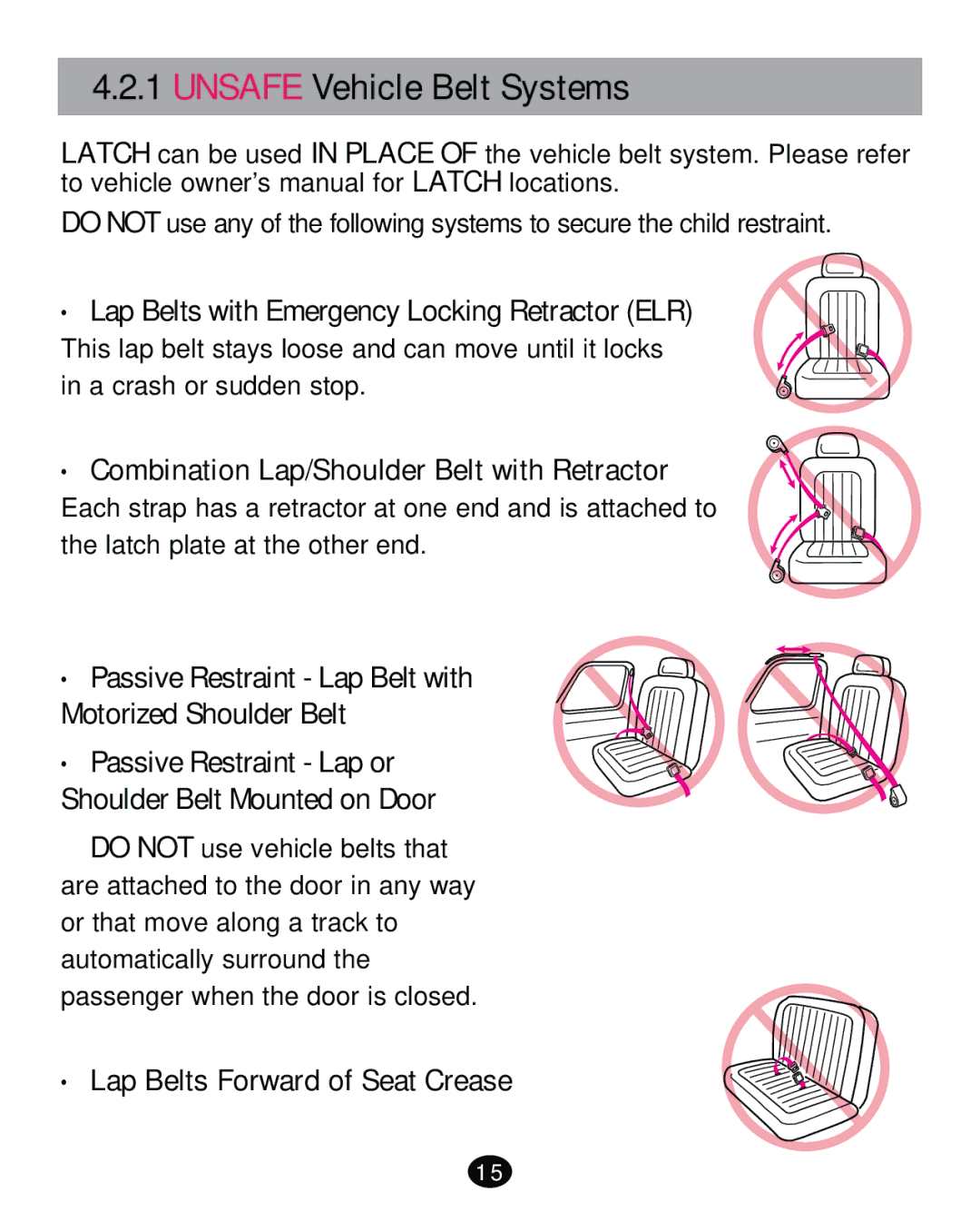 Graco PD261471A manual Unsafe Vehicle Belt Systems, ‡ Lap Belts Forward of Seat Crease 