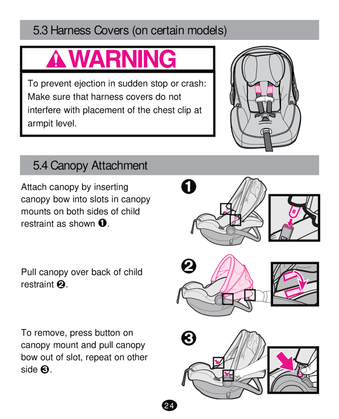 Graco PD261471A manual Harness Covers on certain models, Canopy Attachment 