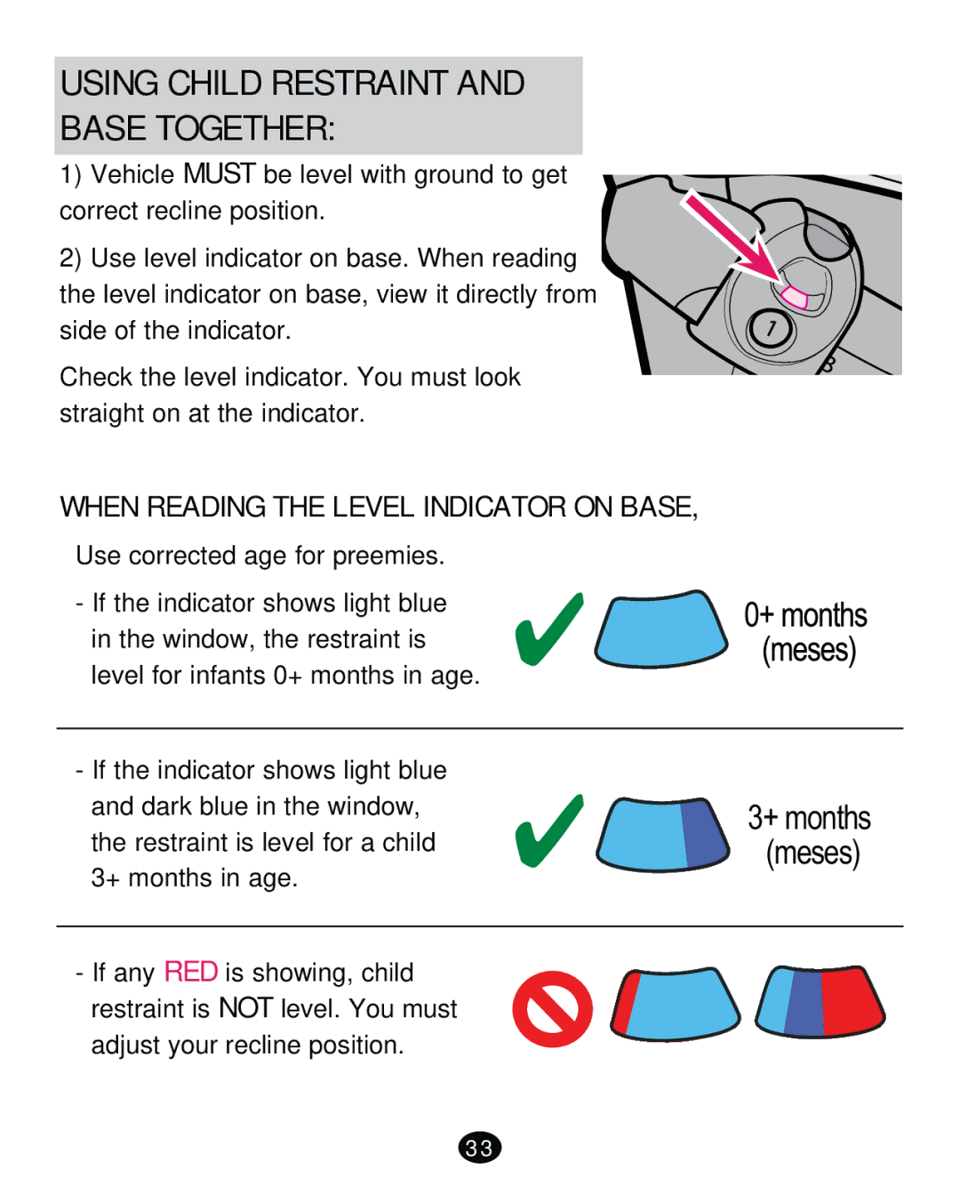 Graco PD261471A manual Using Child Restraint Base Together, When Reading the Level Indicator on Base 