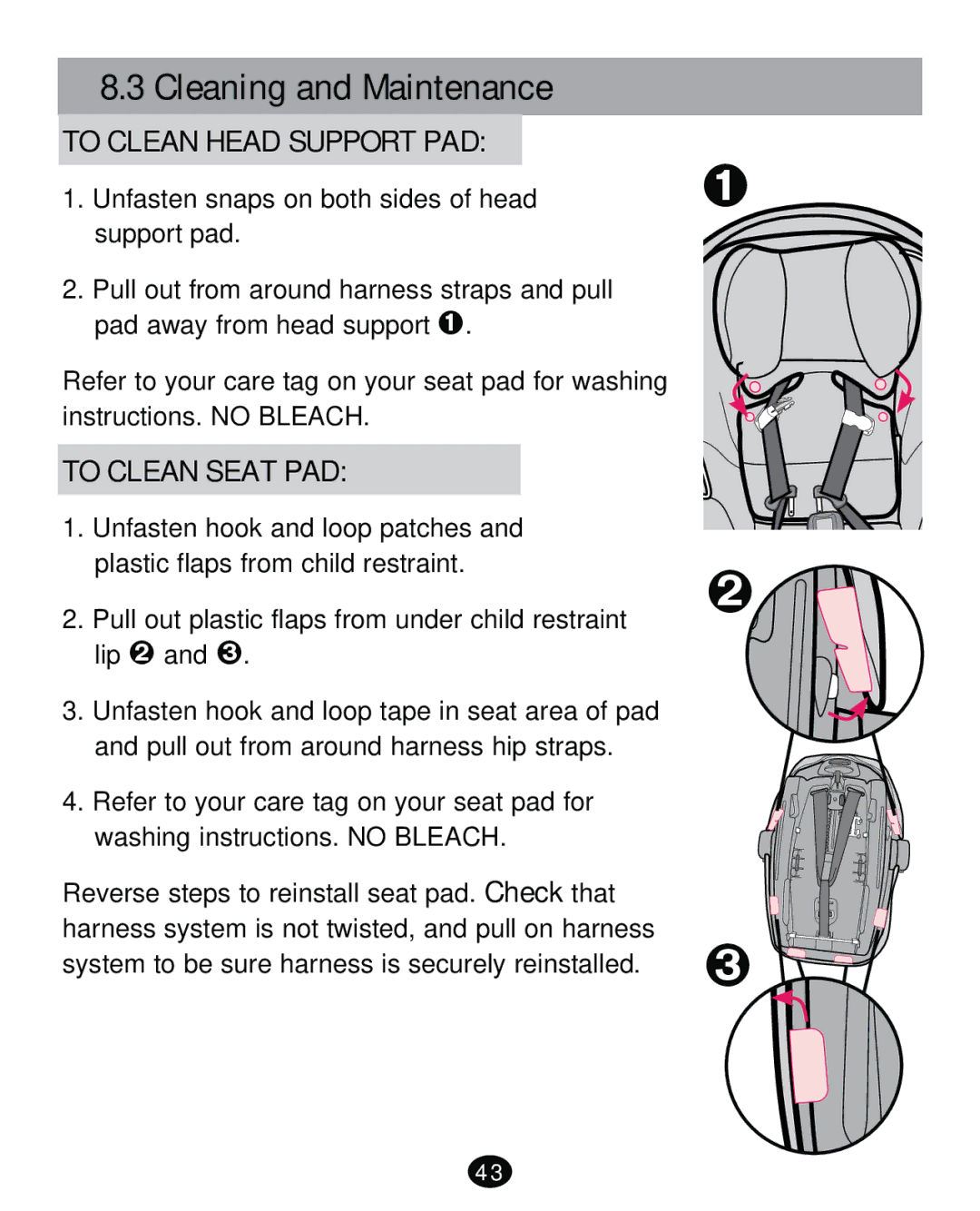 Graco PD261471A manual Cleaning and Maintenance, To Clean Head Support PAD, To Clean Seat PAD 