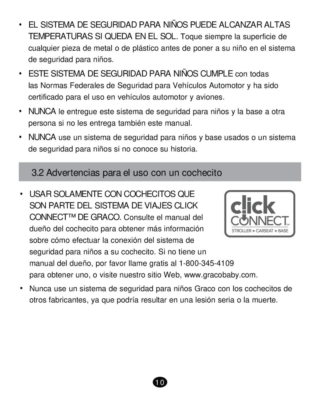 Graco PD261471A manual Advertencias para el uso con un cochecito, ‡ Usar Solamente CON Cochecitos QUE 