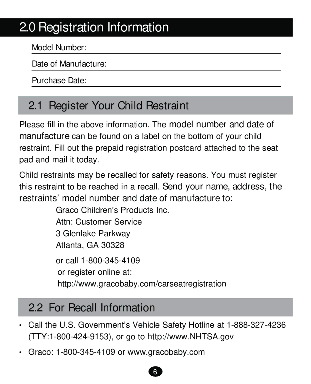 Graco PD261471A manual Registration Information, Register Your Child Restraint, For Recall Information 