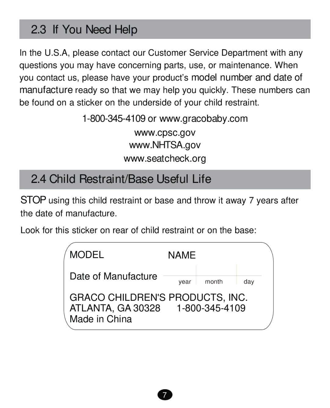 Graco PD261471A manual If You Need Help, Child Restraint/Base Useful Life 