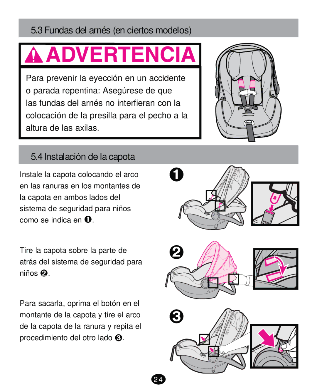 Graco PD261471A manual Fundas del arnés en ciertos modelos, Instalación de la capota 