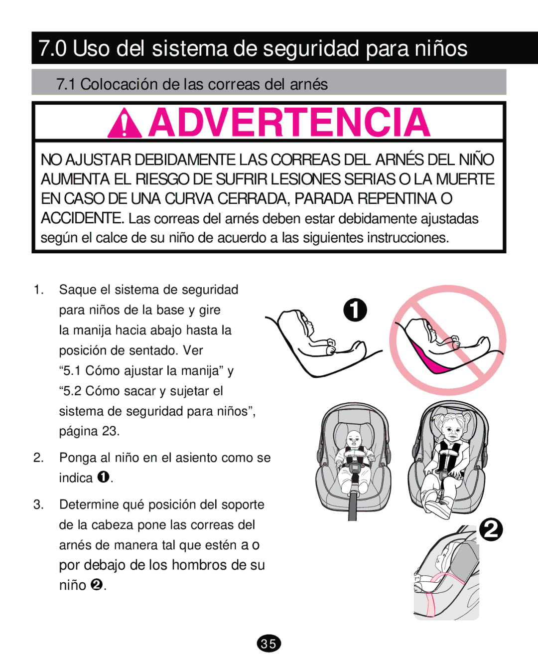 Graco PD261471A manual Uso del sistema de seguridad para niños, Colocación de las correas del arnés 