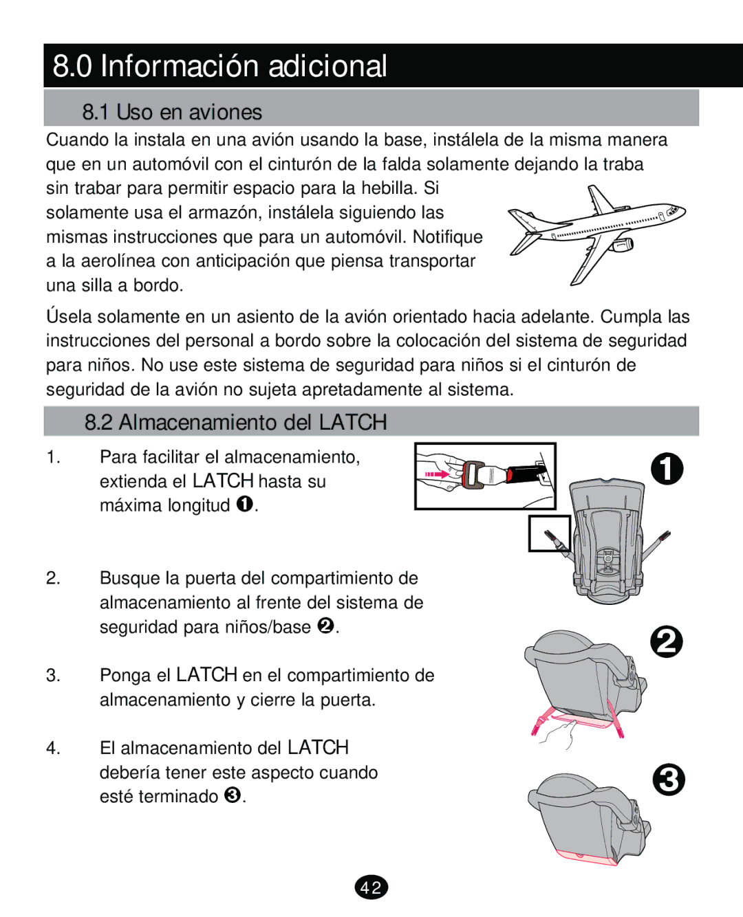 Graco PD261471A manual Información adicional, Uso en aviones, Almacenamiento del Latch 