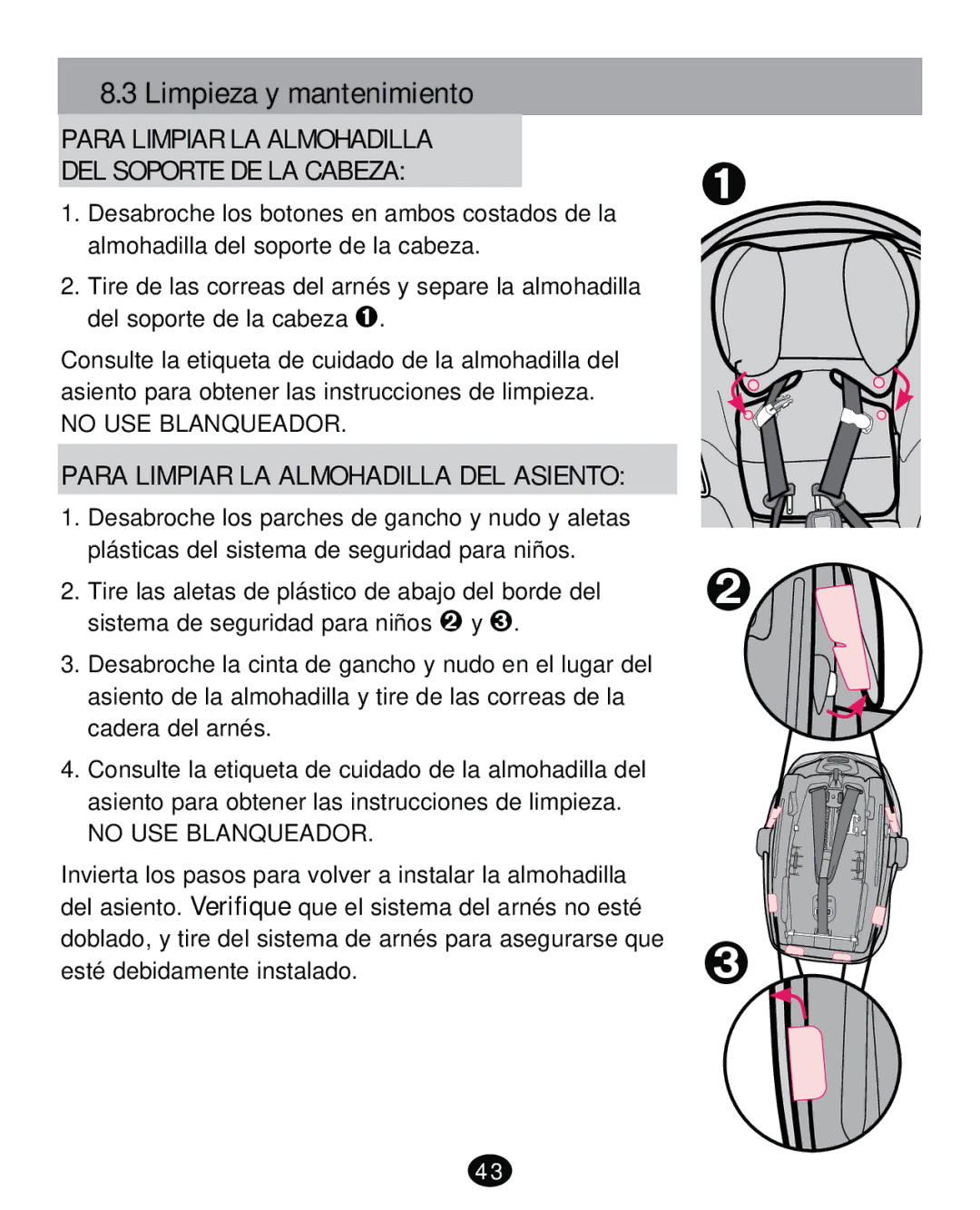 Graco PD261471A manual Limpieza y mantenimiento, Para Limpiar LA Almohadilla DEL Soporte DE LA Cabeza 