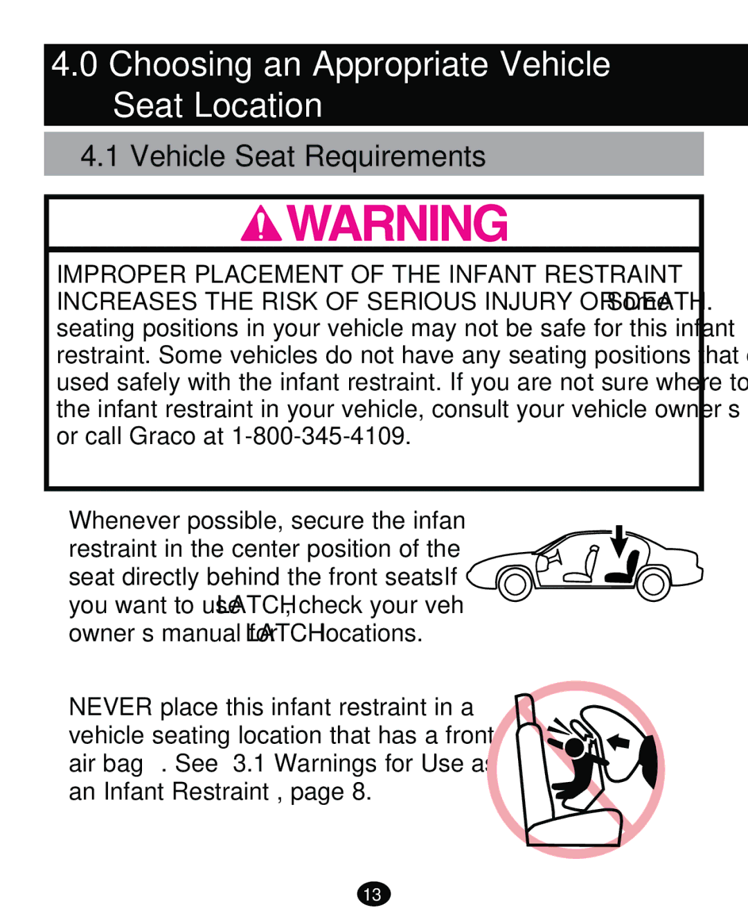 Graco PD261473A manual Choosing an Appropriate Vehicle Seat Location, Vehicle Seat Requirements 