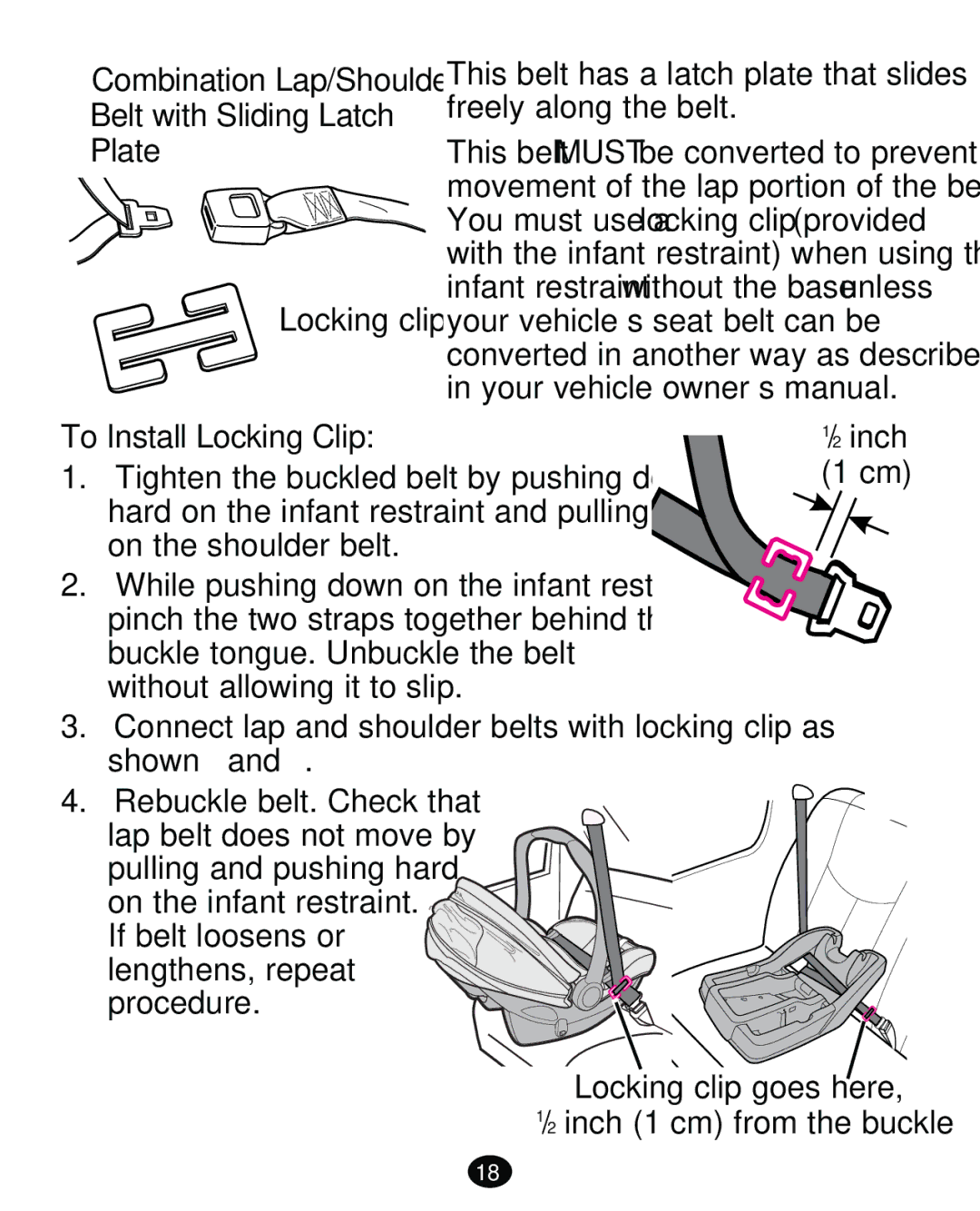 Graco PD261473A manual ‡ Combination Lap/Shoulder Belt with Sliding Latch Plate, To Install Locking Clip 