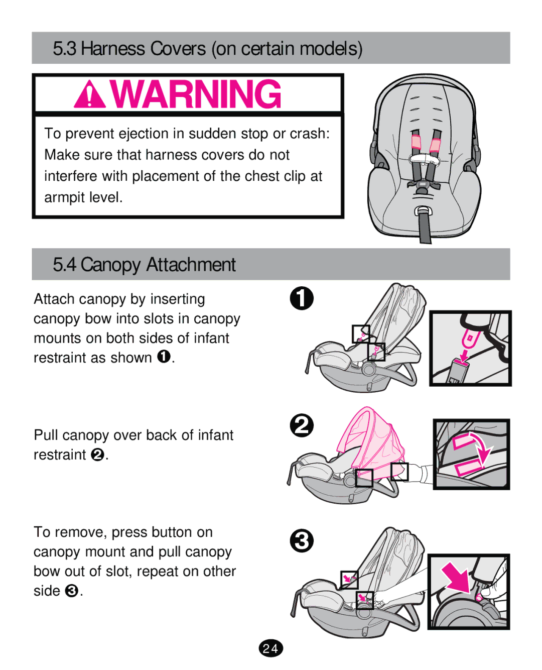 Graco PD261473A manual Harness Covers on certain models, Canopy Attachment 