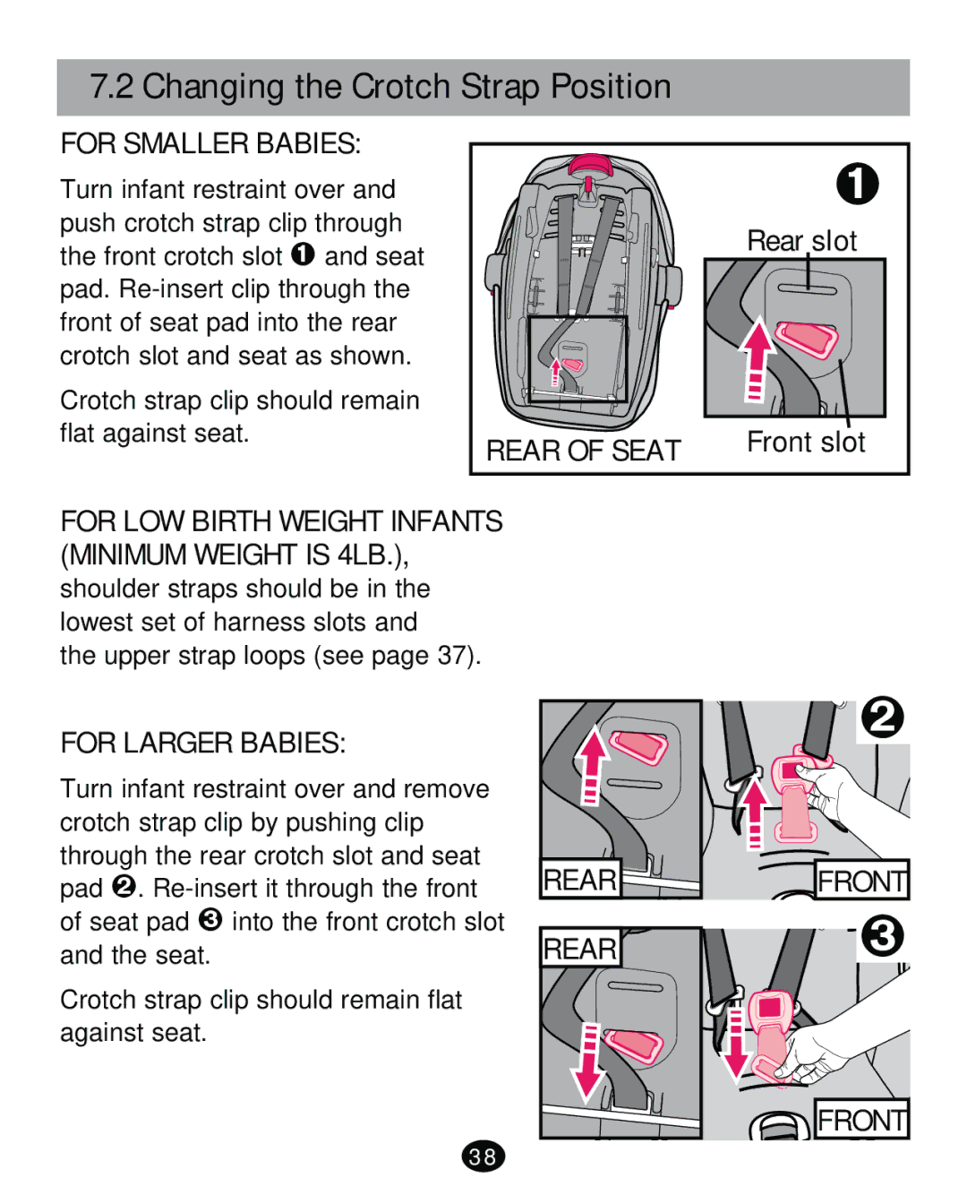 Graco PD261473A manual Changing the Crotch Strap Position, Rear slot, Front slot 