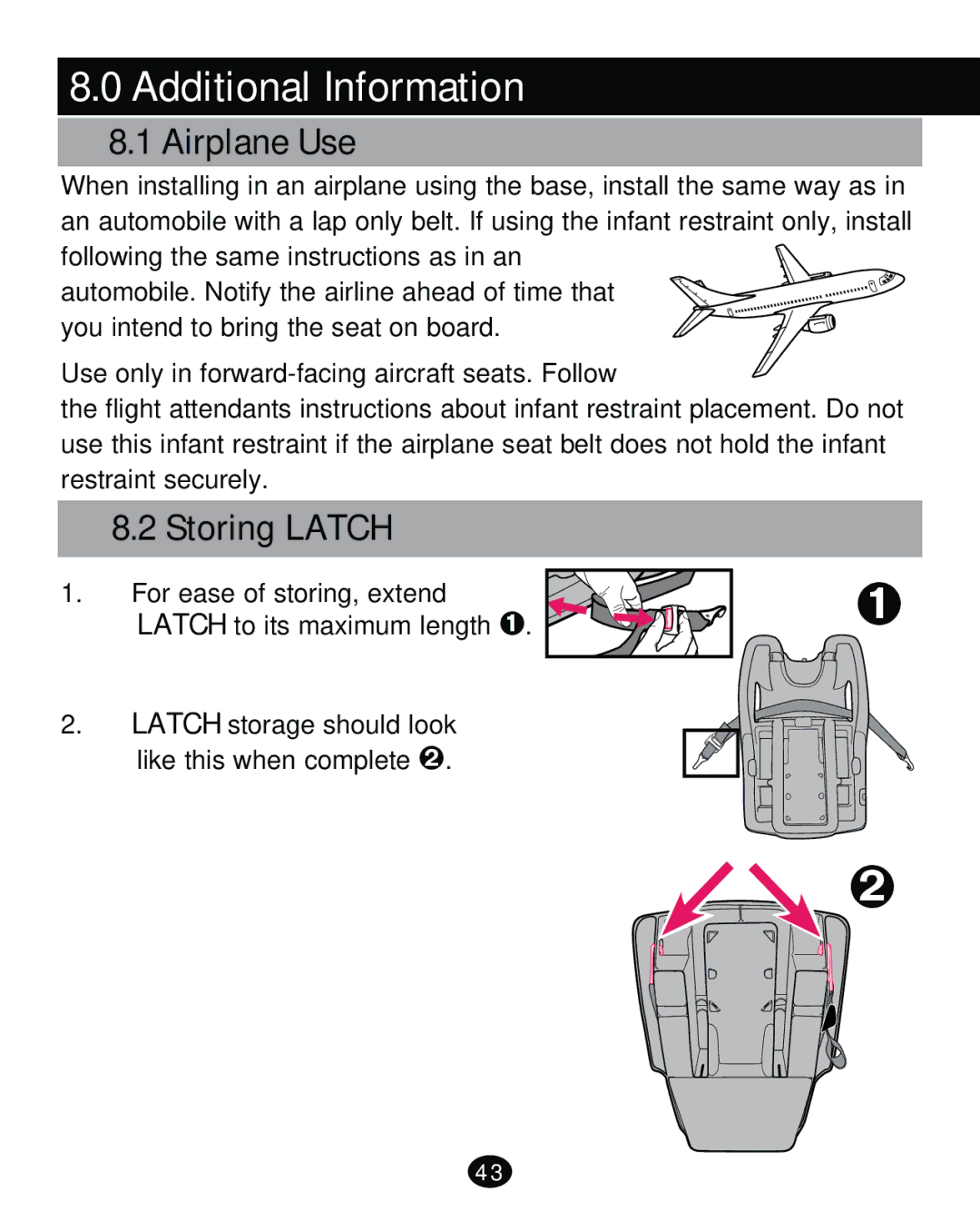 Graco PD261473A manual Additional Information, Airplane Use, Storing Latch 