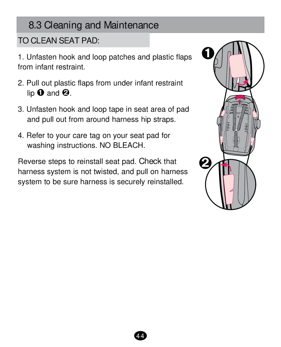 Graco PD261473A manual Cleaning and Maintenance, To Clean Seat PAD 