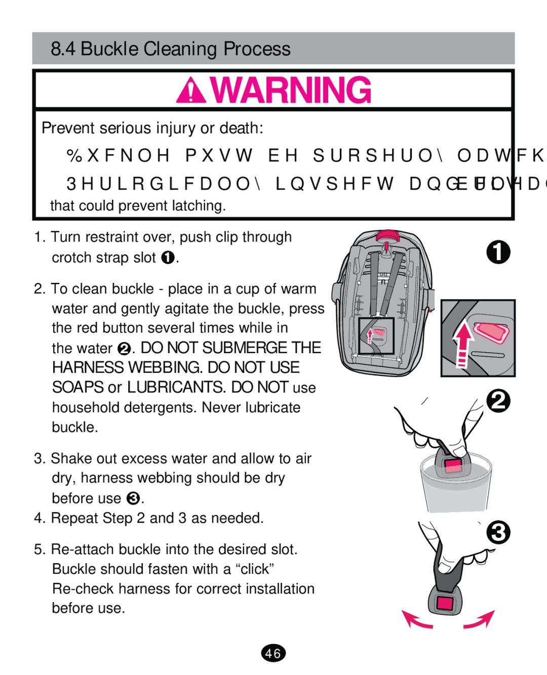 Graco PD261473A manual Buckle Cleaning Process, Prevent serious injury or death 