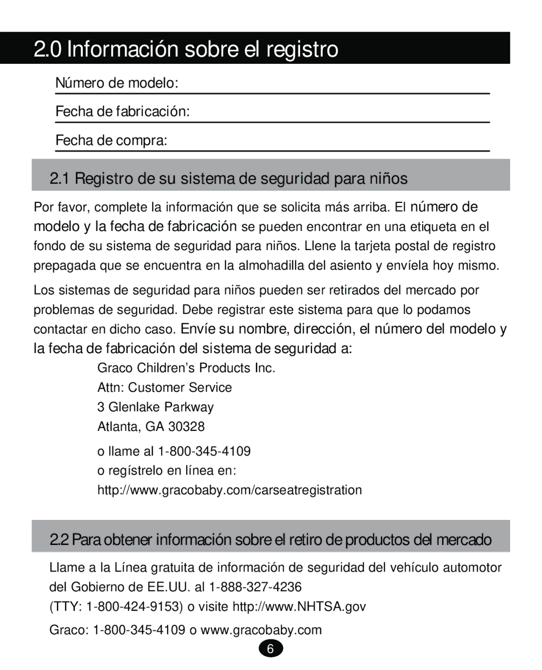 Graco PD261473A manual Información sobre el registro, Registro de su sistema de seguridad para niños 