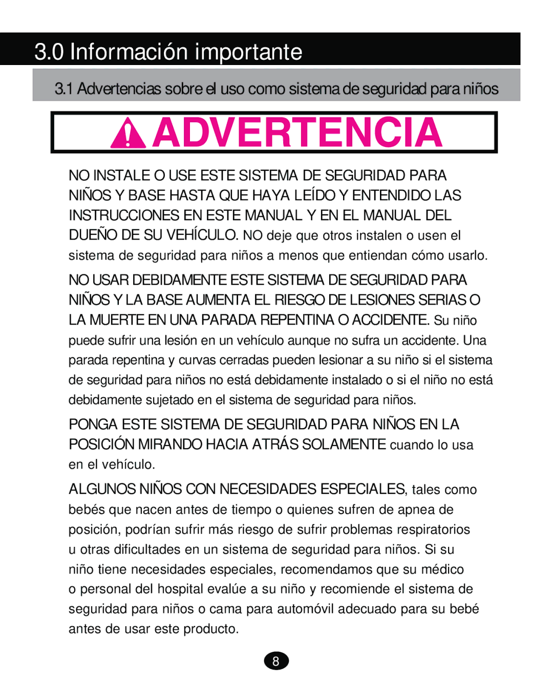 Graco PD261473A manual Información importante, ‡ no Instale O USE Este Sistema DE Seguridad Para 