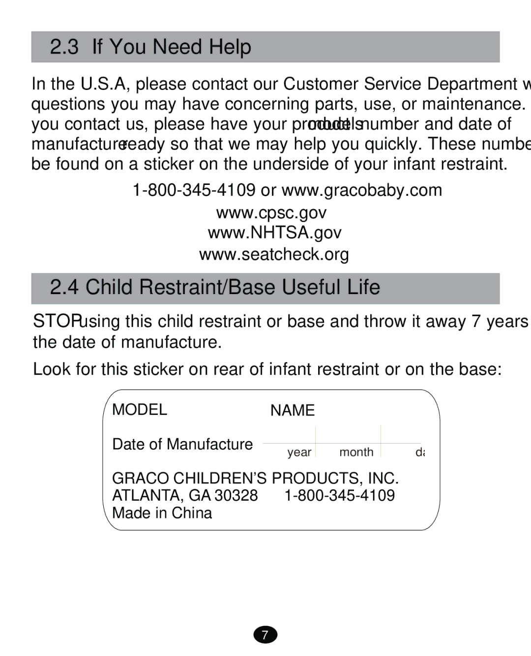 Graco PD261473A manual If You Need Help, Child Restraint/Base Useful Life 