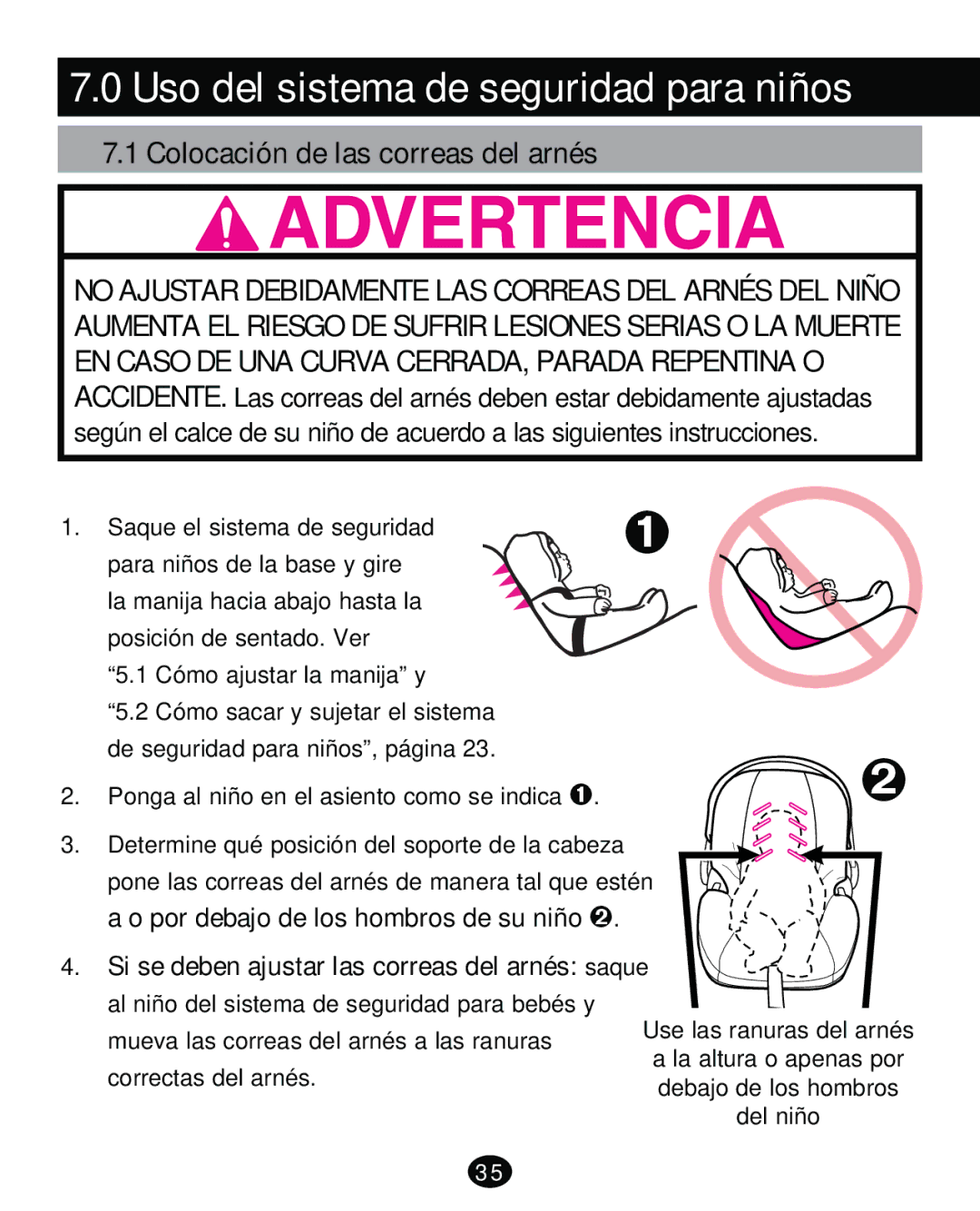 Graco PD261473A manual Uso del sistema de seguridad para niños, Colocación de las correas del arnés 