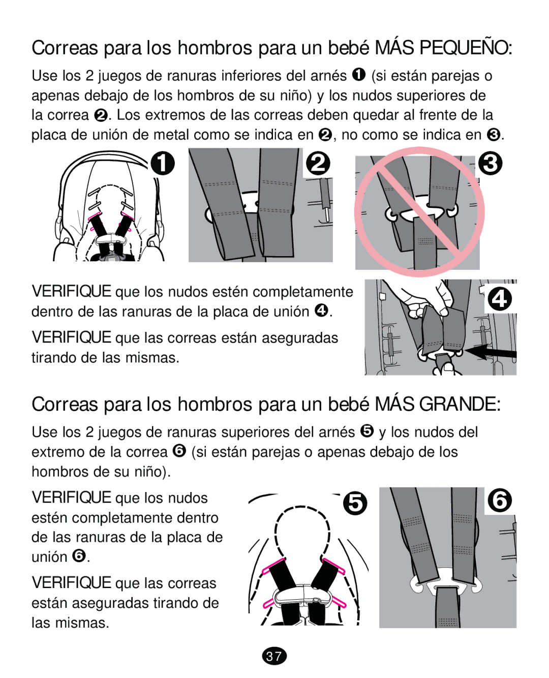 Graco PD261473A manual Correas para los hombros para un bebé MÁS Pequeño, Correas para los hombros para un bebé MÁS Grande 