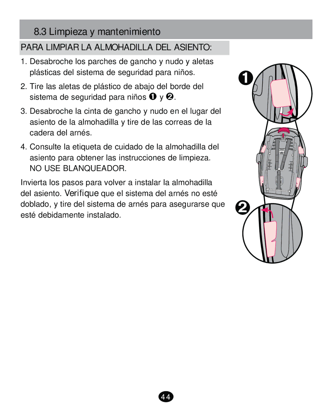 Graco PD261473A manual Limpieza y mantenimiento, Para Limpiar LA Almohadilla DEL Asiento 