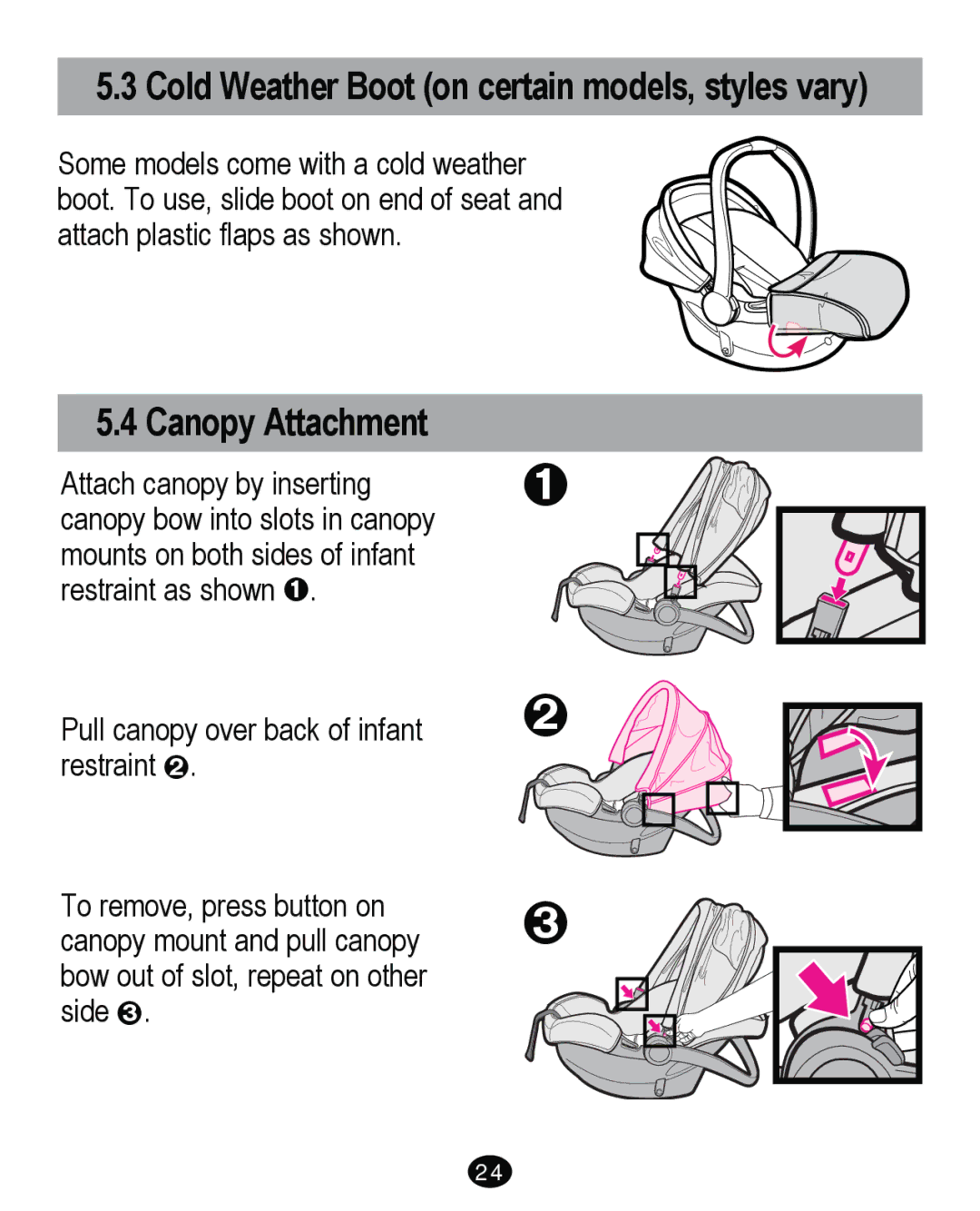 Graco PD262895A manual Cold Weather Boot on certain models, styles vary, Canopy Attachment 