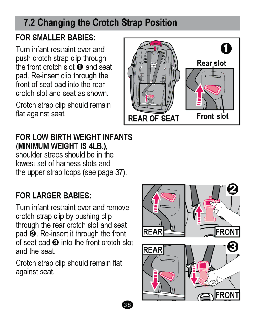 Graco PD262895A manual Changing the Crotch Strap Position, Rear slot, Front slot 