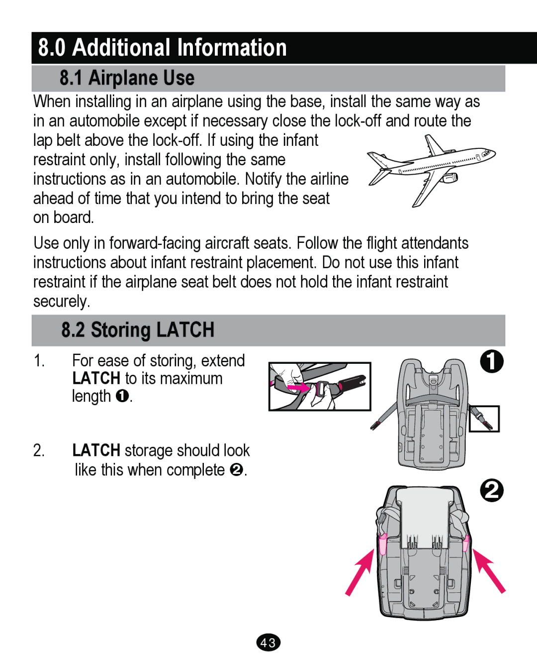 Graco PD262895A manual Additional Information, Airplane Use, Storing Latch 