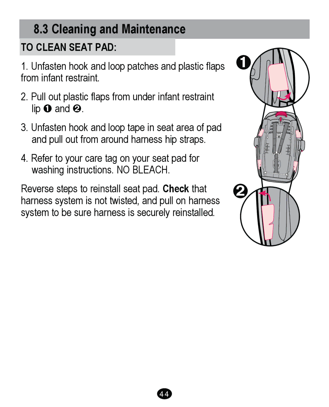 Graco PD262895A manual Cleaning and Maintenance, To Clean Seat PAD 