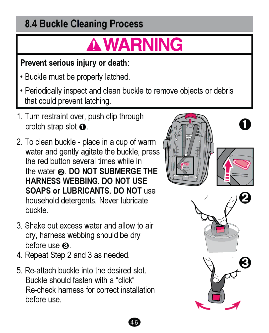 Graco PD262895A manual Buckle Cleaning Process, Prevent serious injury or death 