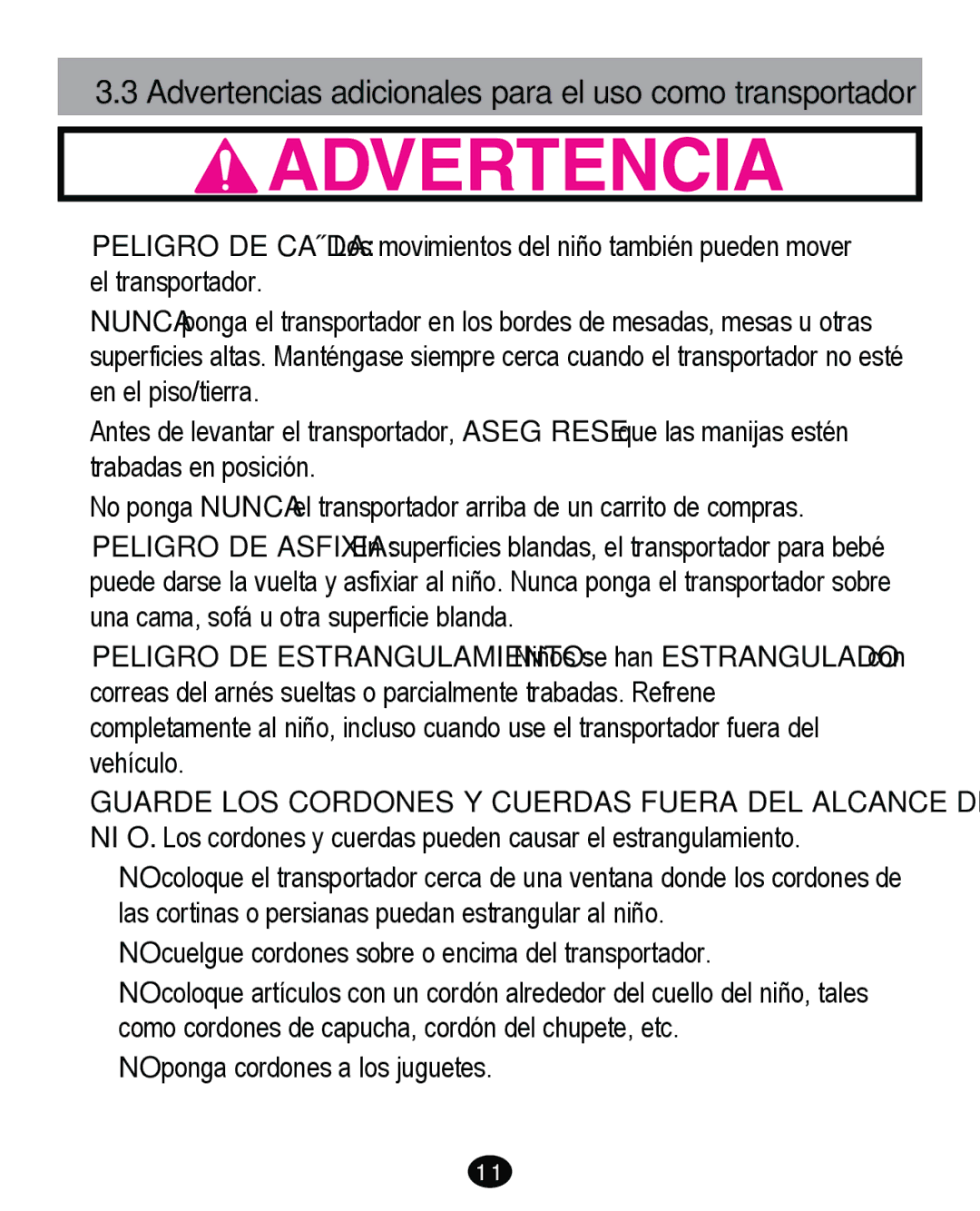 Graco PD262895A manual Advertencias adicionales para el uso como transportador 