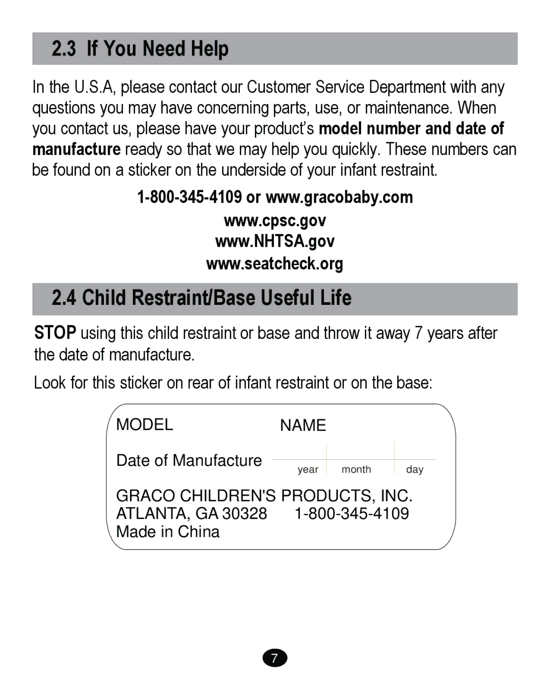 Graco PD262895A manual If You Need Help, Child Restraint/Base Useful Life 