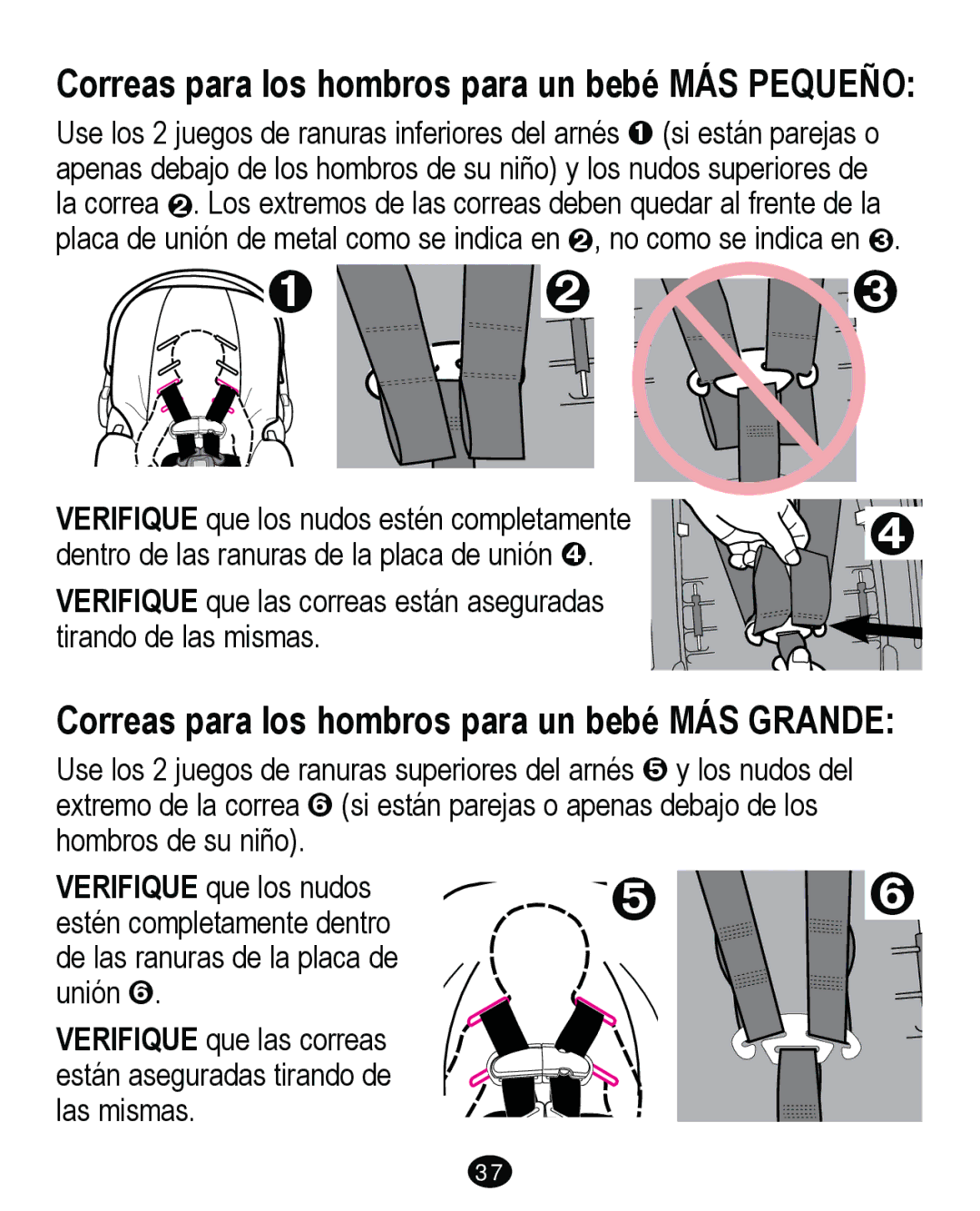 Graco PD262895A manual Correas para los hombros para un bebé MÁS Pequeño, Correas para los hombros para un bebé MÁS Grande 