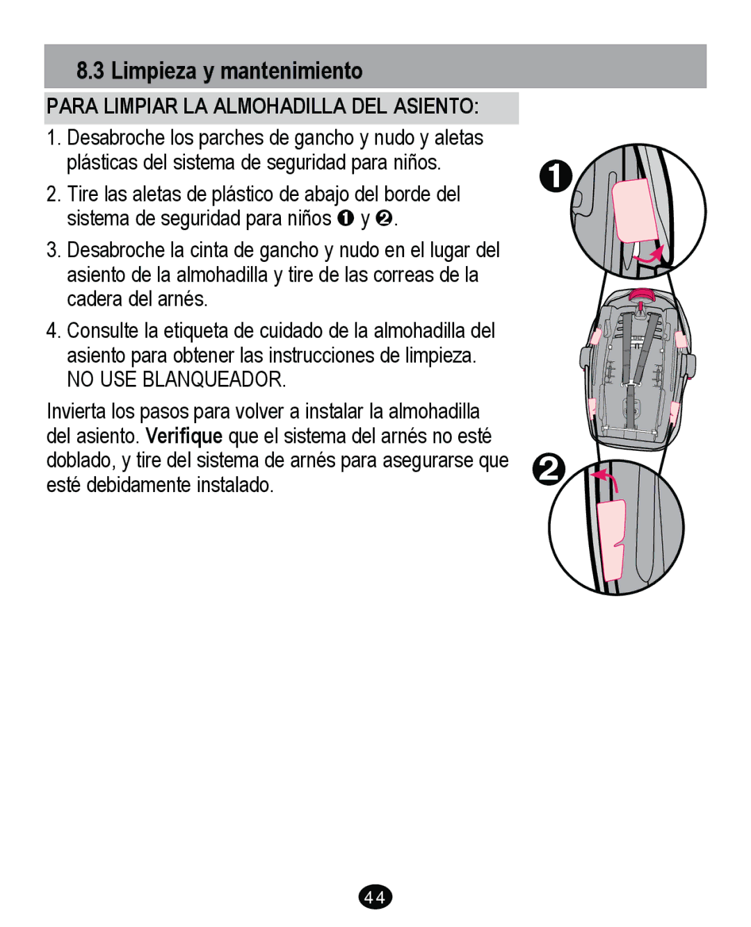 Graco PD262895A manual Limpieza y mantenimiento, Para Limpiar LA Almohadilla DEL Asiento 