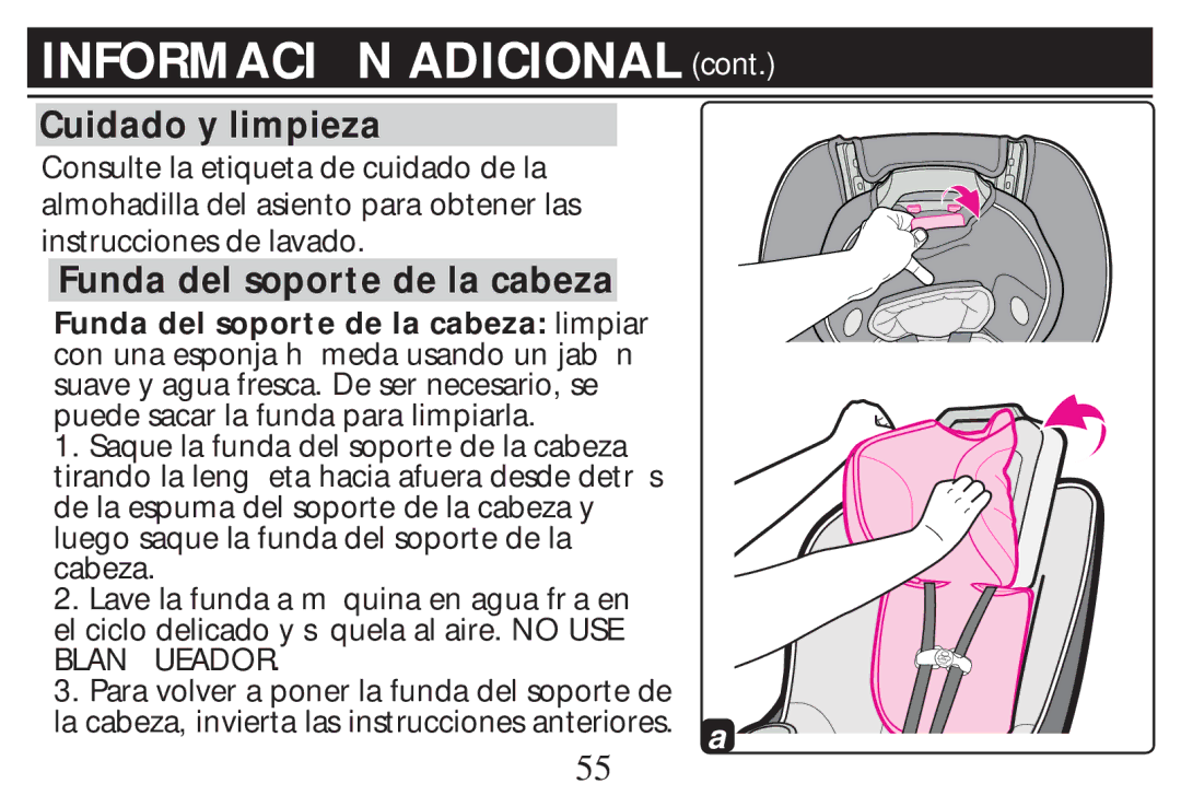 Graco PD268712B owner manual Cuidado y limpieza, Funda del soporte de la cabeza 