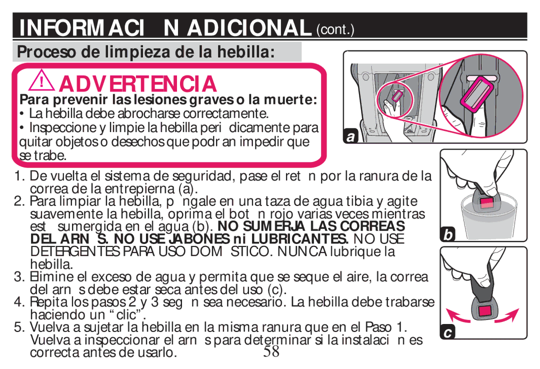 Graco PD268712B owner manual Proceso de limpieza de la hebilla, Para prevenir las lesiones graves o la muerte 