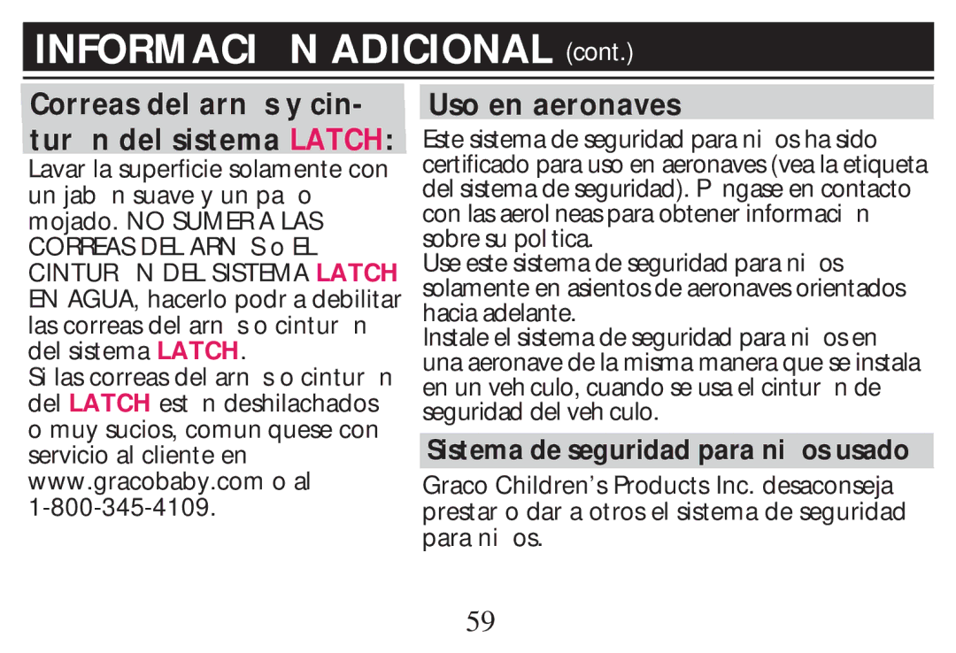 Graco PD268712B owner manual Correas del arn s y cin- tur n del sistema Latch, Uso en aeronaves 