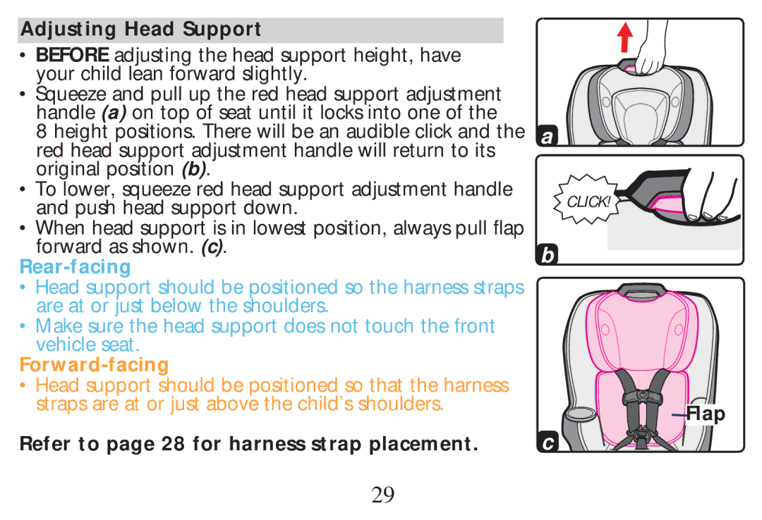 Graco PD268712B owner manual Adjusting Head Support, Refer to page 28 for harness strap placement, Flap 