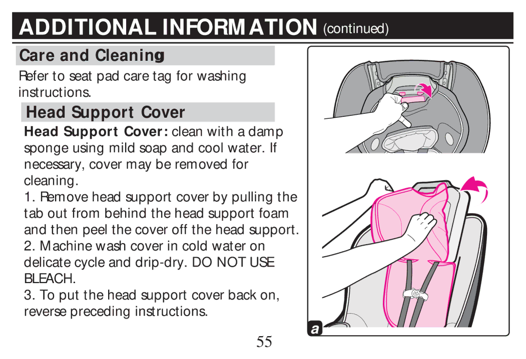 Graco PD268712B owner manual Care and Cleanin, Head Support Cover 