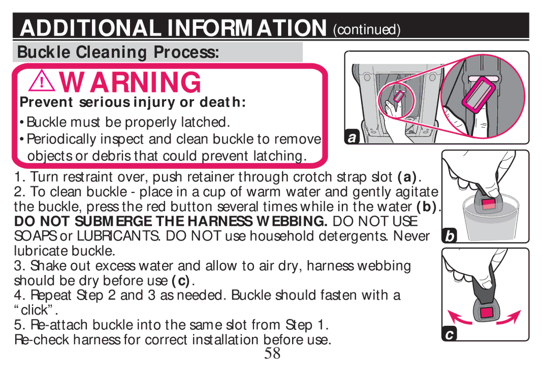 Graco PD268712B owner manual Buckle Cleaning Process, Prevent serious injury or death 