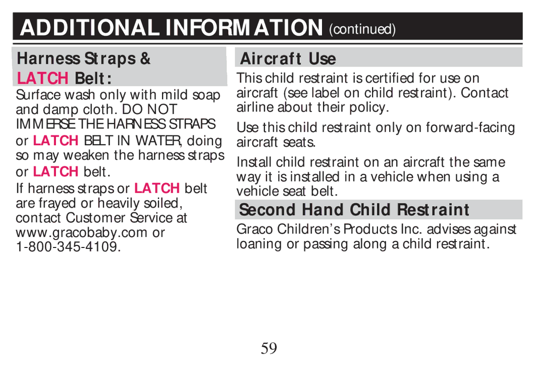 Graco PD268712B owner manual Harness Straps, Aircraft Use, Second Hand Child Restraint 