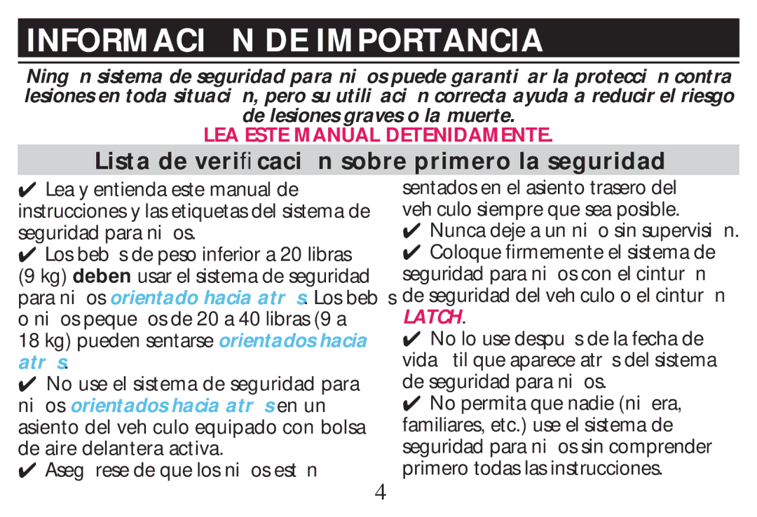 Graco PD268712B owner manual Informaci N DE Importancia, Lista de veriﬁcaci n sobre primero la seguridad 